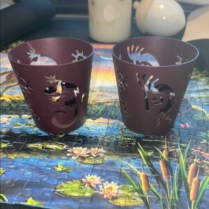 PartyLite Purple Maroon Metal Desert Kokopelli lizard Gecko Candle Holders set